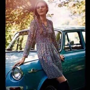 Maeve Anthropologie Smocked V-Neck Floral Tiled Long Sleeve Boho Dress Size XS